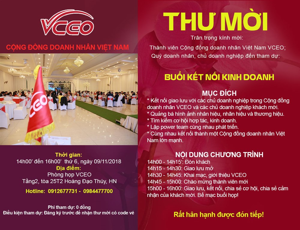 Thư mời: Họp kết nối kinh doanh tháng 11/2018 cùng Cộng đồng doanh nhân VCEO