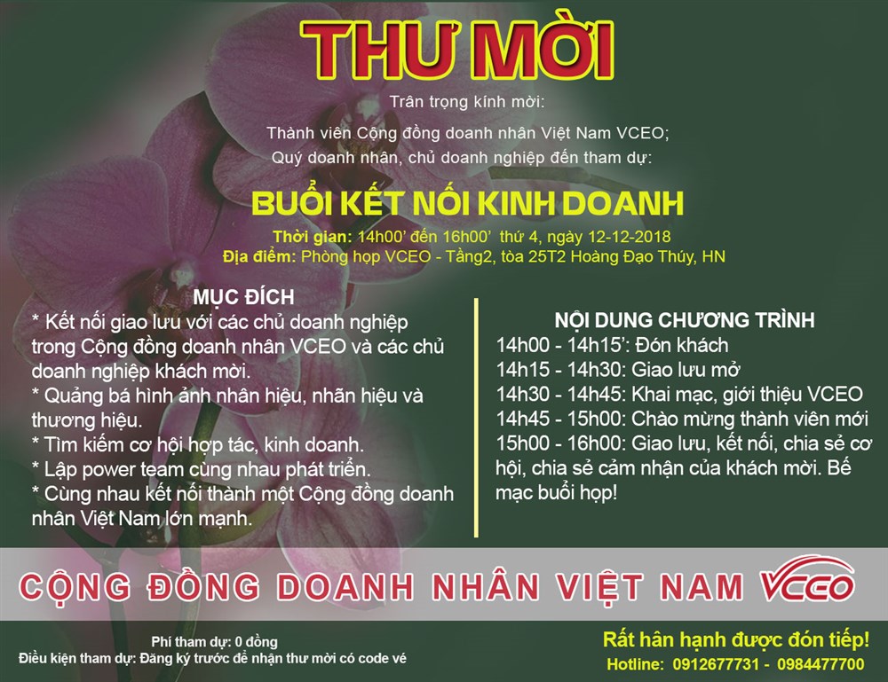 Thư mời: Họp kết nối kinh doanh tháng 12/2018 cùng Cộng đồng doanh nhân Việt Nam VCEO 